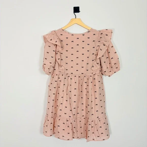 Umgee Pink Bow Print Ruffle Babydoll Mini Dress Linen Blend Medium Cottagecore - Picture 7 of 8